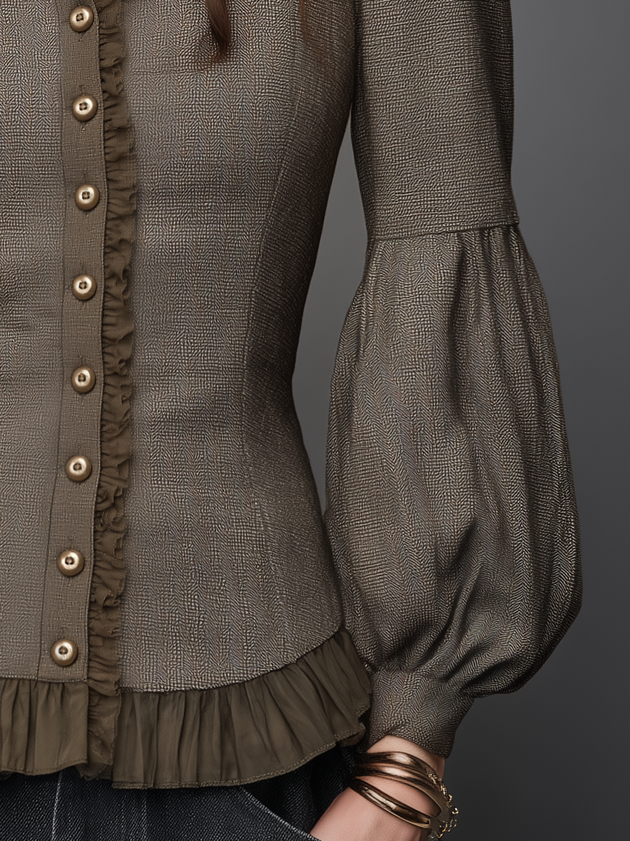 Romantic Taupe Brown Ruffle Trim Puff Sleeve Button Front Blouse