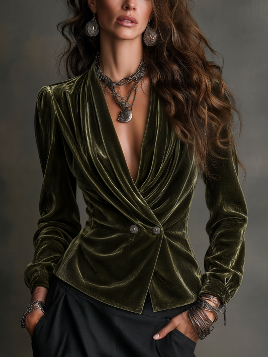 Elegant Olive Green Velvet Draped V-Neck Fitted Blazer