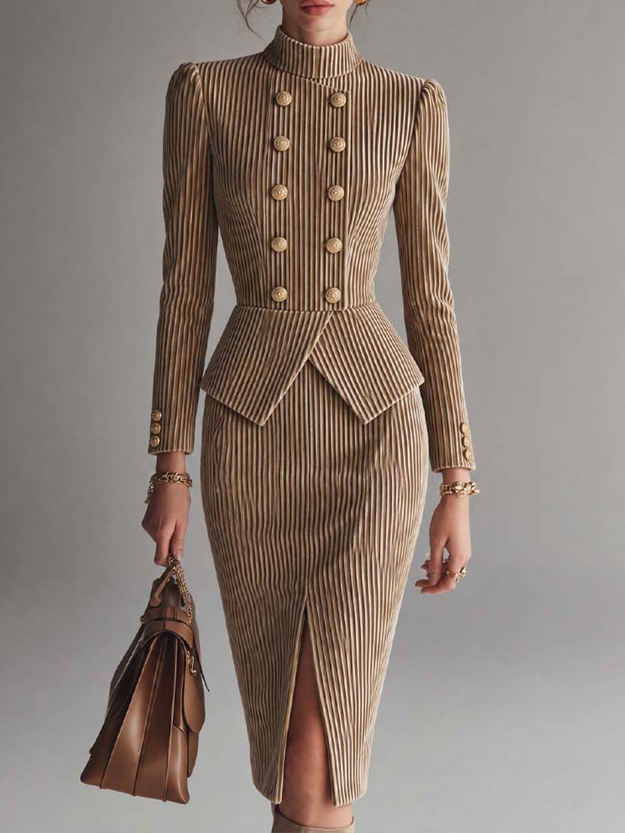 Camel Striped Velvet Midi Dress With Stand Collar Double-Breasted