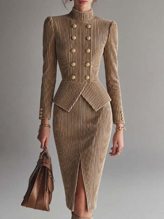 Camel Striped Velvet Midi Dress With Stand Collar Double-Breasted