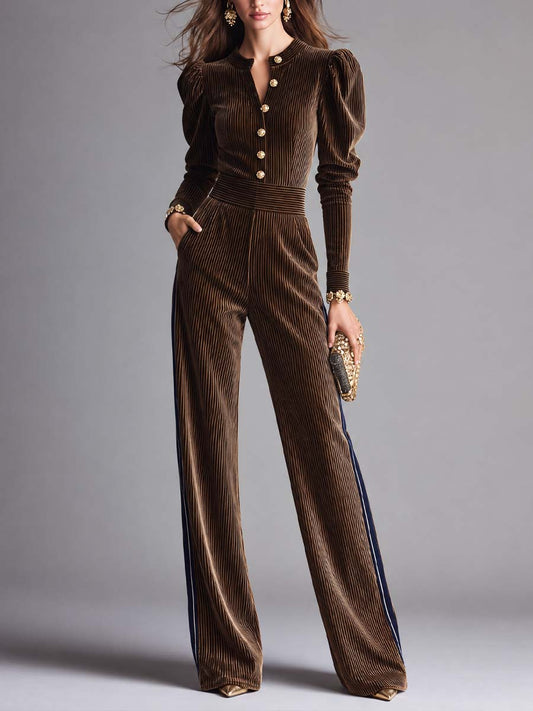 Brown Velvet Puff-Sleeve Wide-Leg Jumpsuit with Gold Buttons and Navy Side Stripes