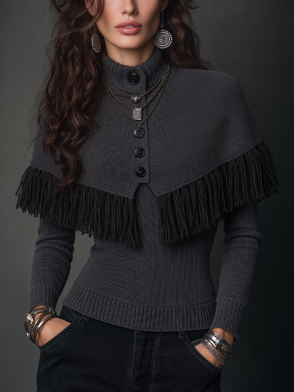 Vintage Charcoal Gray Fringe Cape Collar Knit Sweater