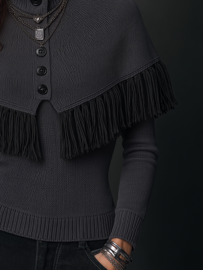 Vintage Charcoal Gray Fringe Cape Collar Knit Sweater