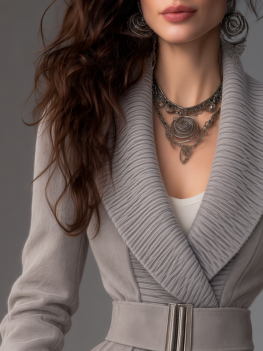Elegant Light Gray Shawl Collar Belted Peplum Jacket