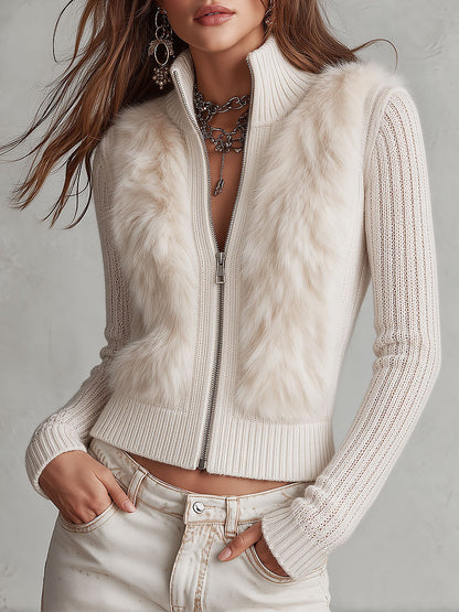 Boho Cream Faux Fur Panel Ribbed Knit Zip-Up Cardigan with Stand Collar