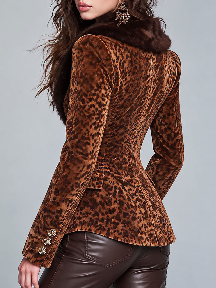 Leopard Print Gold Double-Breasted Buttons Velvet Blazer with Faux Fur Collar