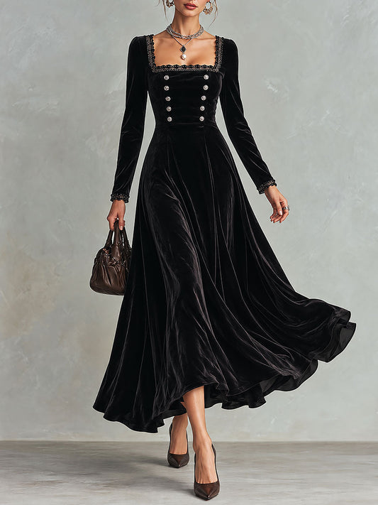Elegant Black Velvet Square Neck Lace Trim Maxi Dress with Button Detail