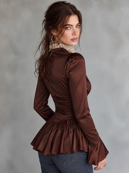 Chocolate Brown Satin Ruffle Collar Plunge Peplum Top With Gold Buttons