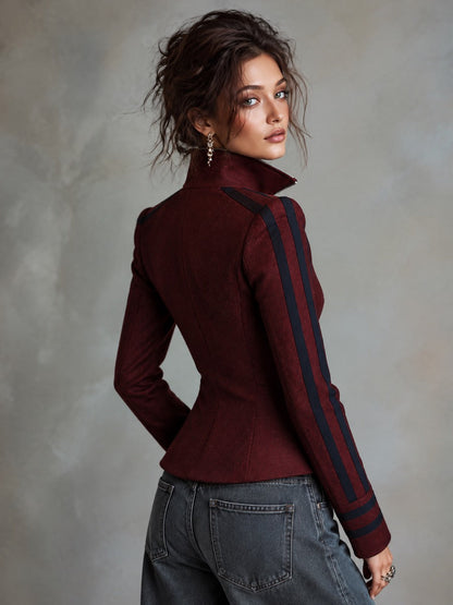 Burgundy Asymmetric Zip High Collar Jacket With Navy Contrast Stripes