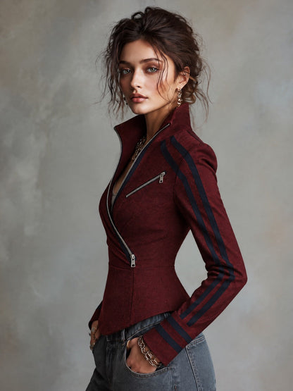 Burgundy Asymmetric Zip High Collar Jacket With Navy Contrast Stripes