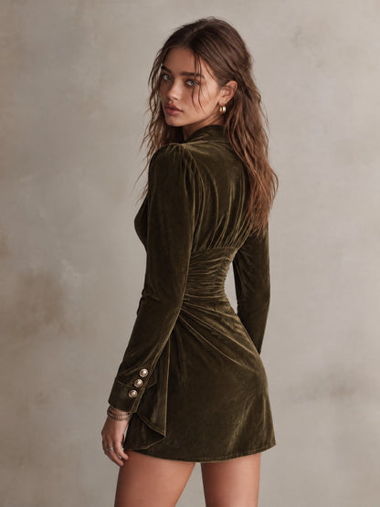 Olive Green Velvet Plunging Lapel Long Sleeve Mini Dress With Draped Side Buttons