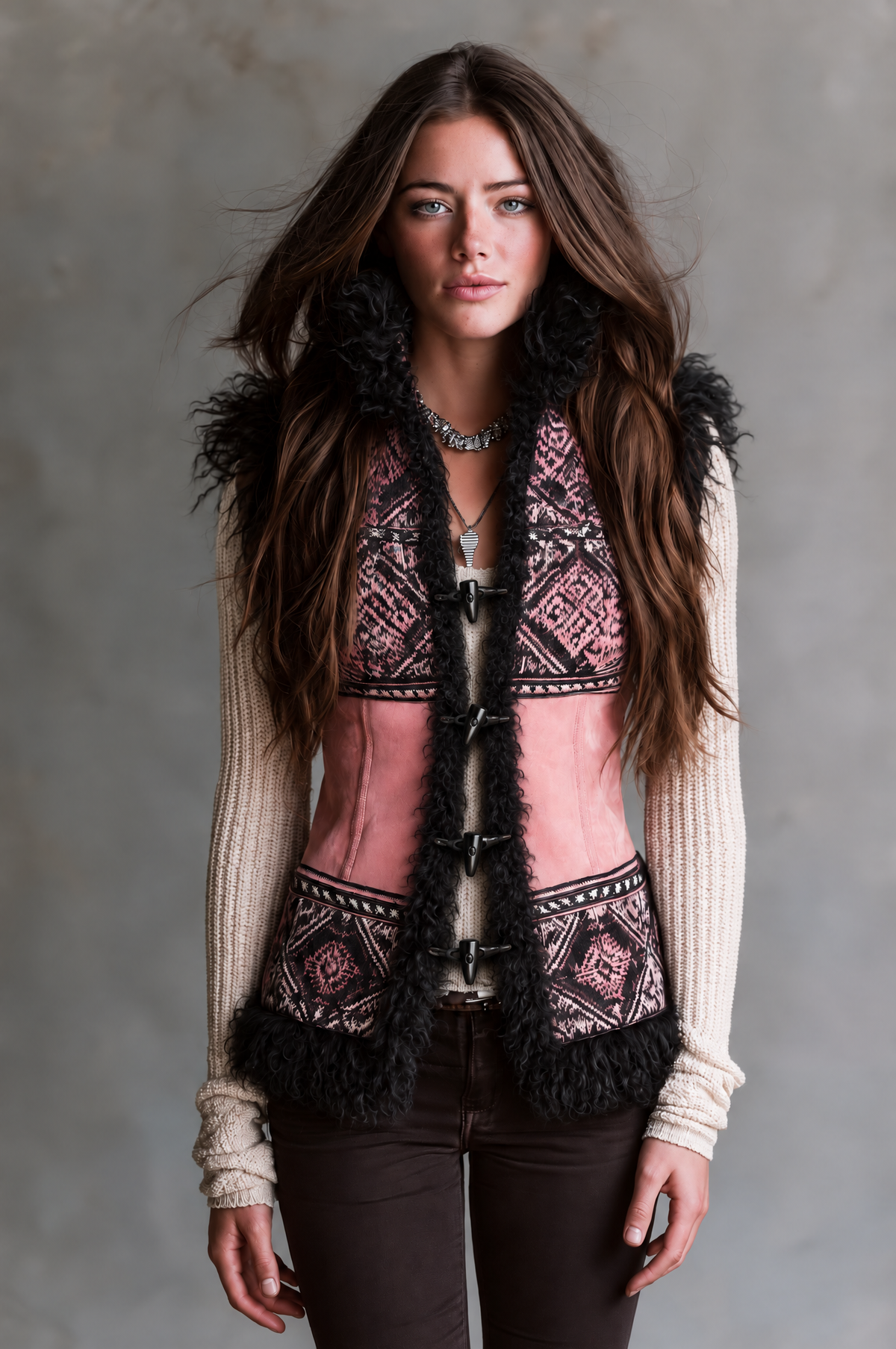 Boho Pink Geometric Patchwork Vest With Black Faux Shearling Trim