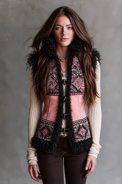 Boho Pink Geometric Patchwork Vest With Black Faux Shearling Trim
