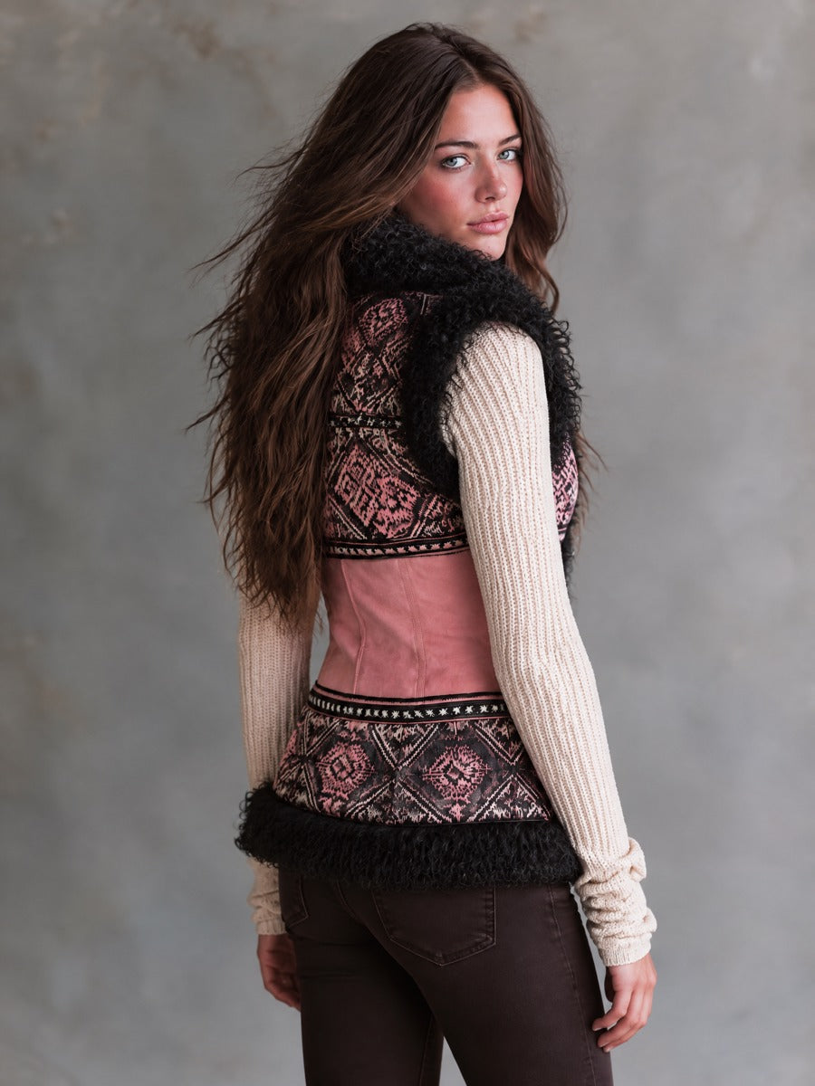 Boho Pink Geometric Patchwork Vest With Black Faux Shearling Trim