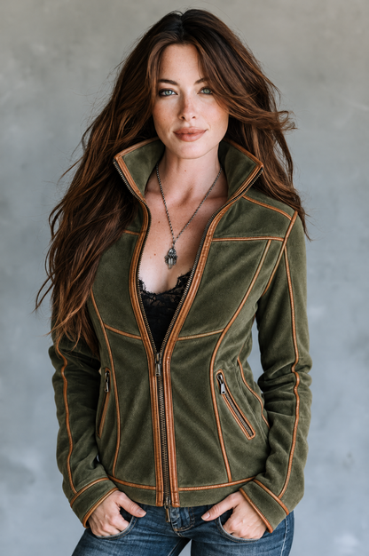 Retro Olive Green Fitted Zip-Up Microsuede Jacket With Tan Piping