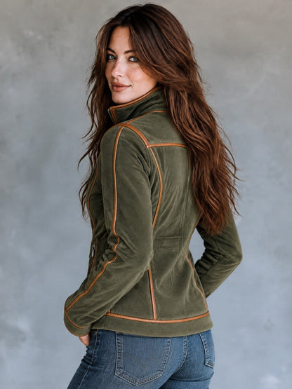 Retro Olive Green Fitted Zip-Up Microsuede Jacket With Tan Piping
