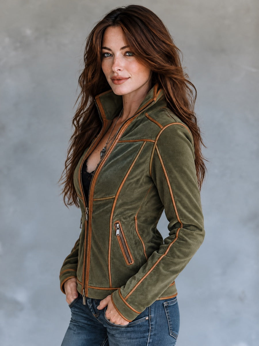 Retro Olive Green Fitted Zip-Up Microsuede Jacket With Tan Piping