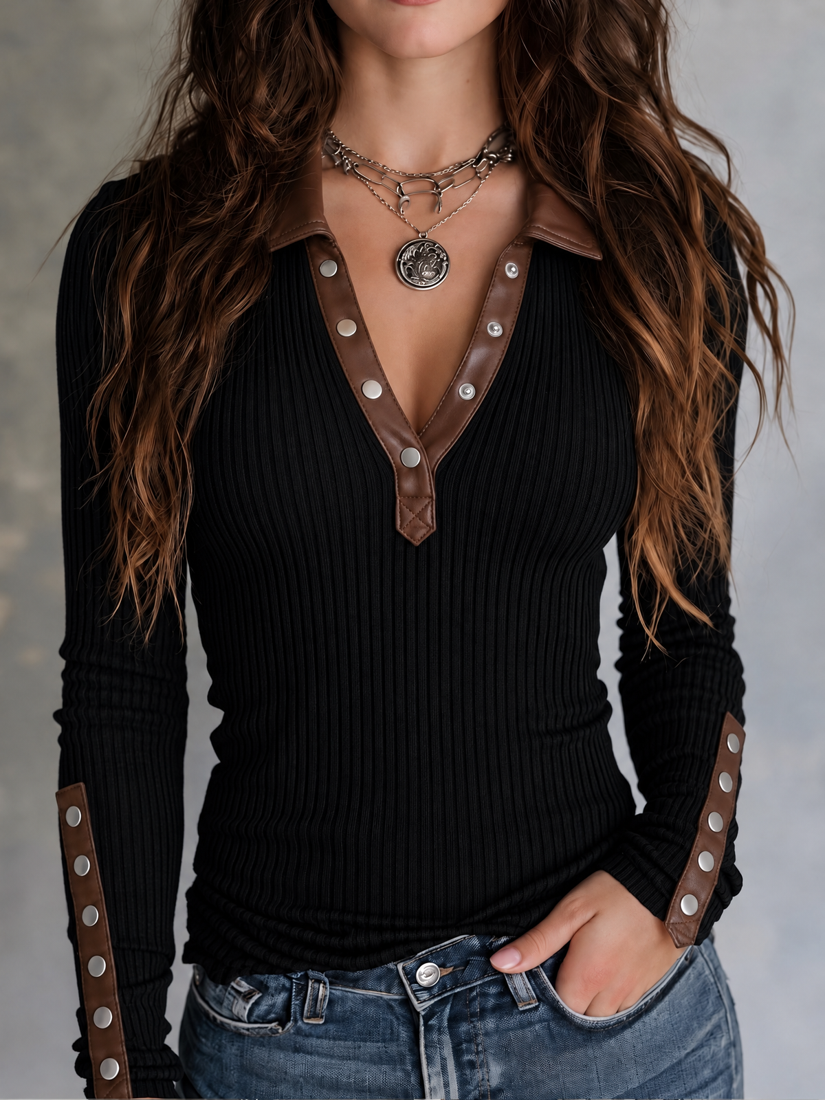 Retro Black Ribbed Knit Brown Faux Leather Trim Sweater