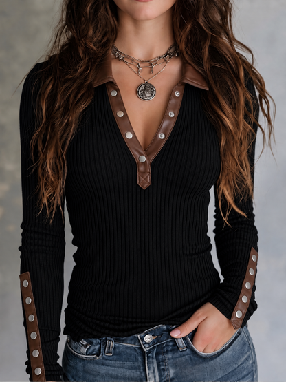 Retro Black Ribbed Knit Brown Faux Leather Trim Sweater