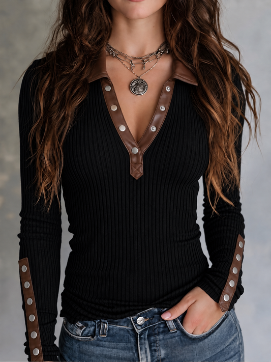 Retro Black Ribbed Knit Brown Faux Leather Trim Sweater