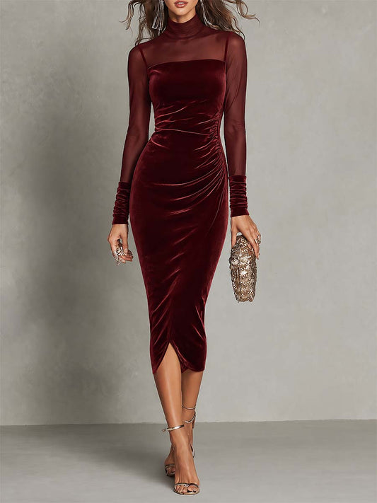 Burgundy Velvet Sheer Mesh Mock Neck Long Sleeves Midi Dress With Ruched Waist