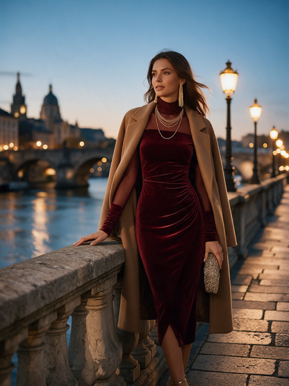 Burgundy Velvet Sheer Mesh Mock Neck Long Sleeves Midi Dress With Ruched Waist