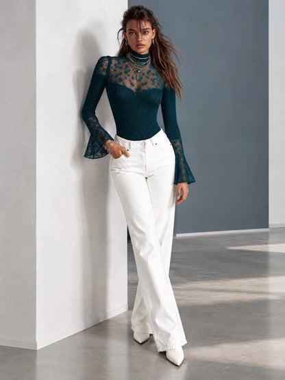 Dark Teal Lace Panel Mock Neck Long Sleeve Knit Top with Flared Lace Cuffs