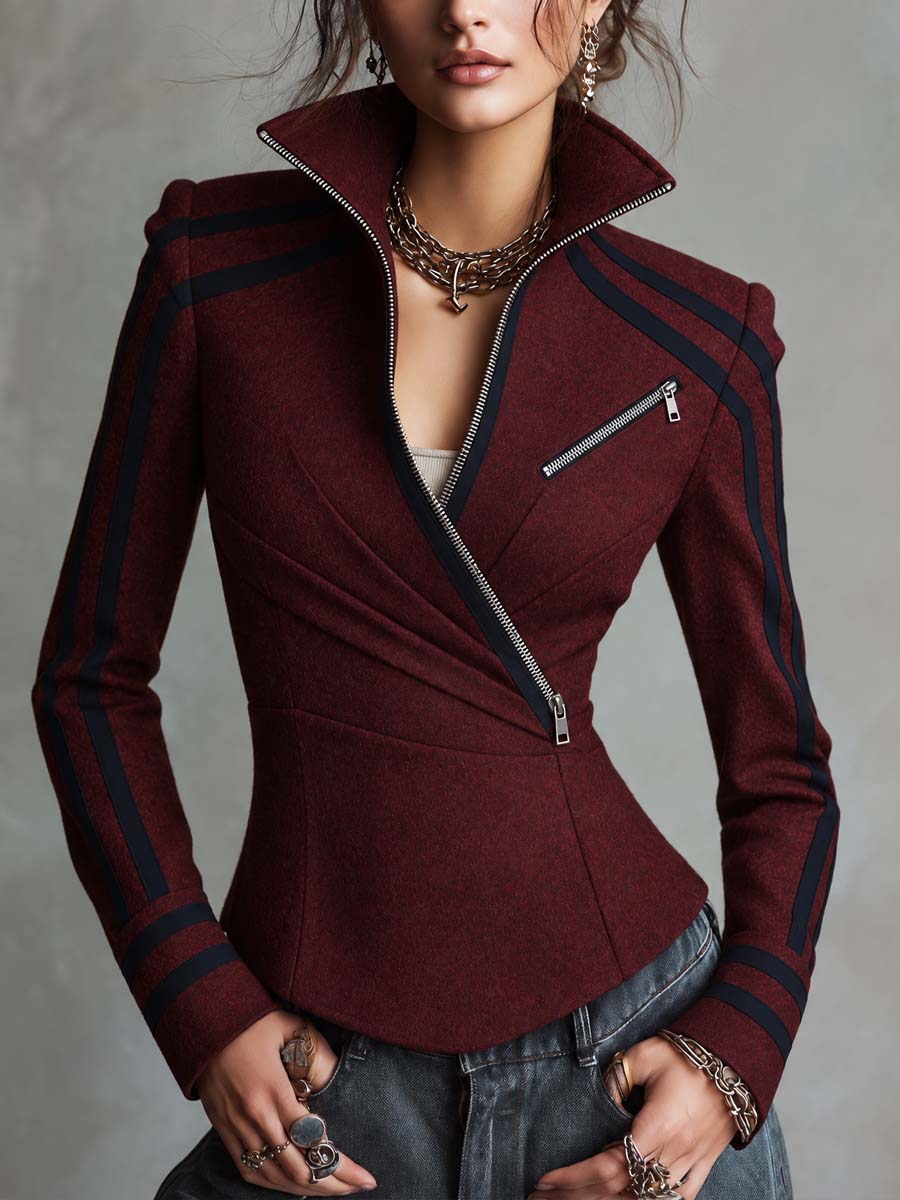 Burgundy Asymmetric Zip High Collar Jacket With Navy Contrast Stripes