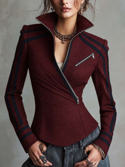 Burgundy Asymmetric Zip High Collar Jacket With Navy Contrast Stripes