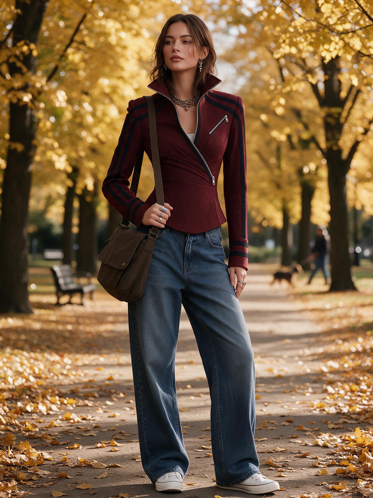 Burgundy Asymmetric Zip High Collar Jacket With Navy Contrast Stripes