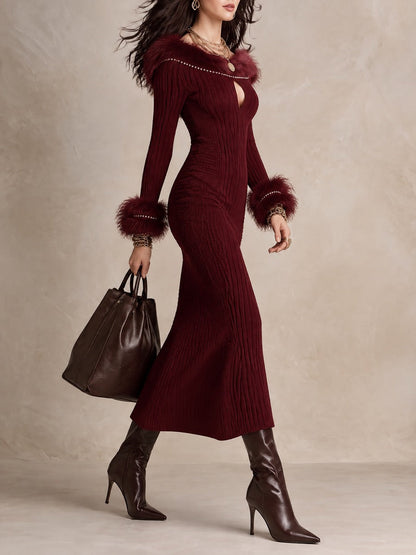 Burgundy Off-Shoulder Faux Fur Trim Keyhole Ribbed Knit Midi Dress