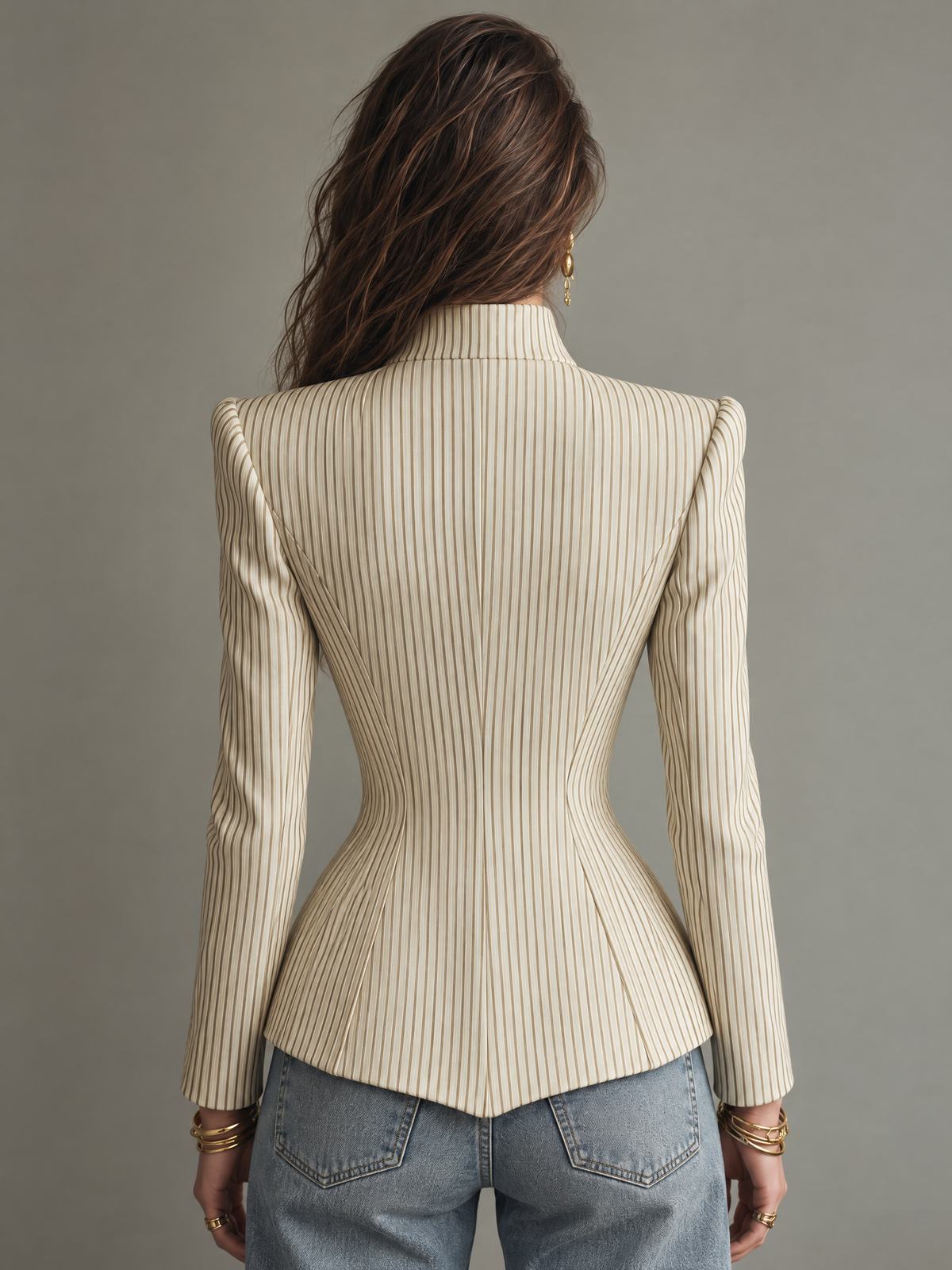 Cream Pinstripe Fitted Gold Button Detail Stand Collar Jacket With Floral Panel