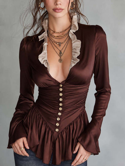Chocolate Brown Satin Ruffle Collar Plunge Peplum Top With Gold Buttons