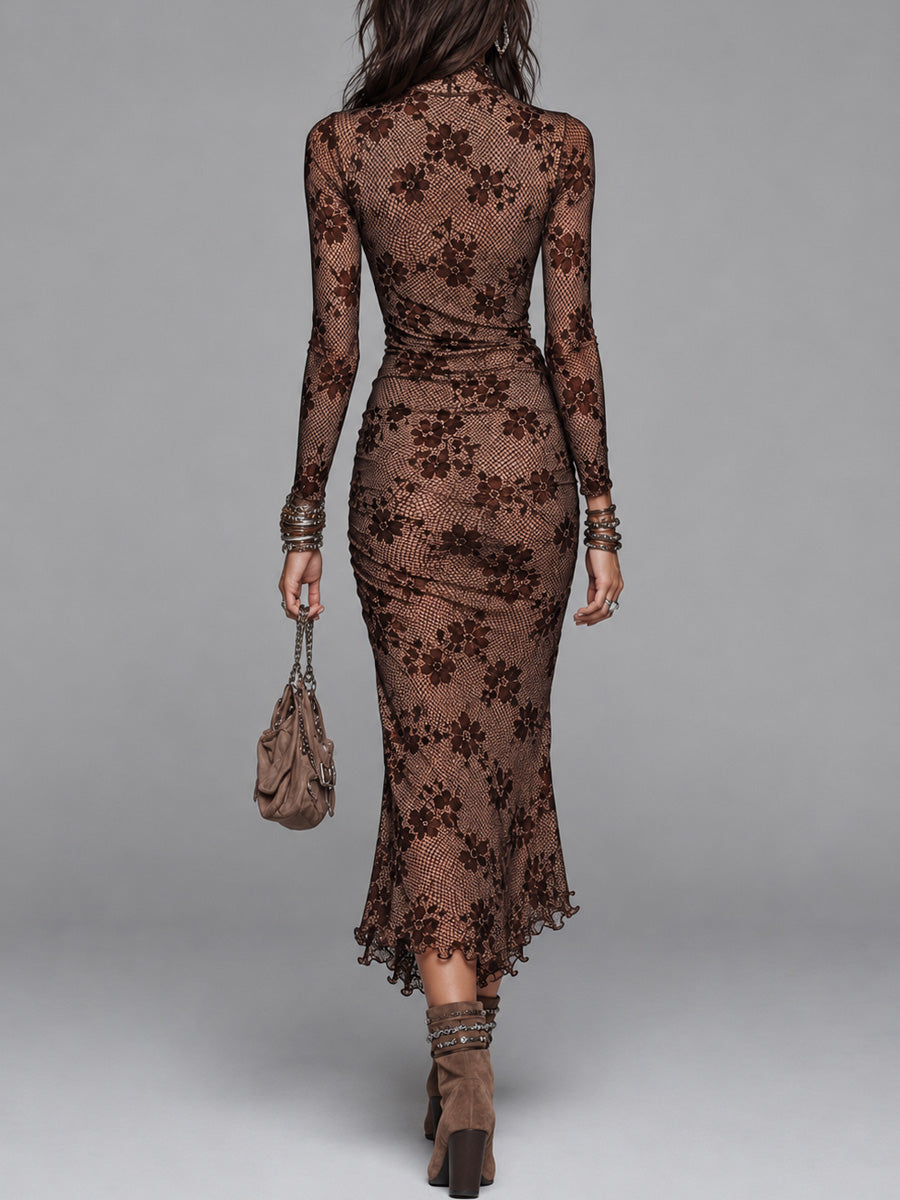 Brown Floral And Plaid Long Sleeve Mesh Midi Dress