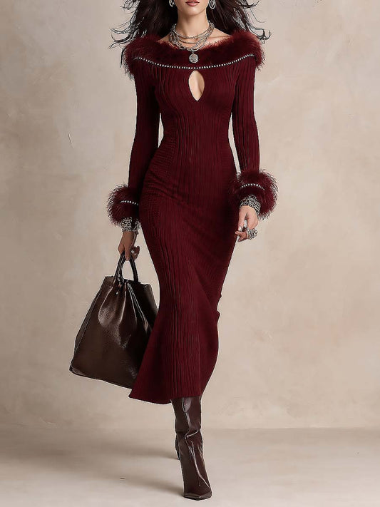 Burgundy Off-Shoulder Faux Fur Trim Keyhole Ribbed Knit Midi Dress