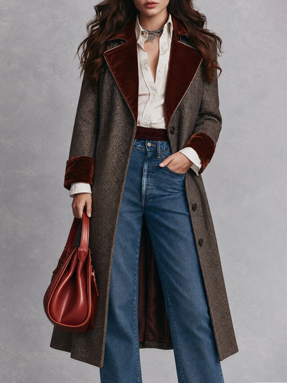 Vintage Brown Herringbone Long Coat With Rust Velvet Lapels And Cuffs