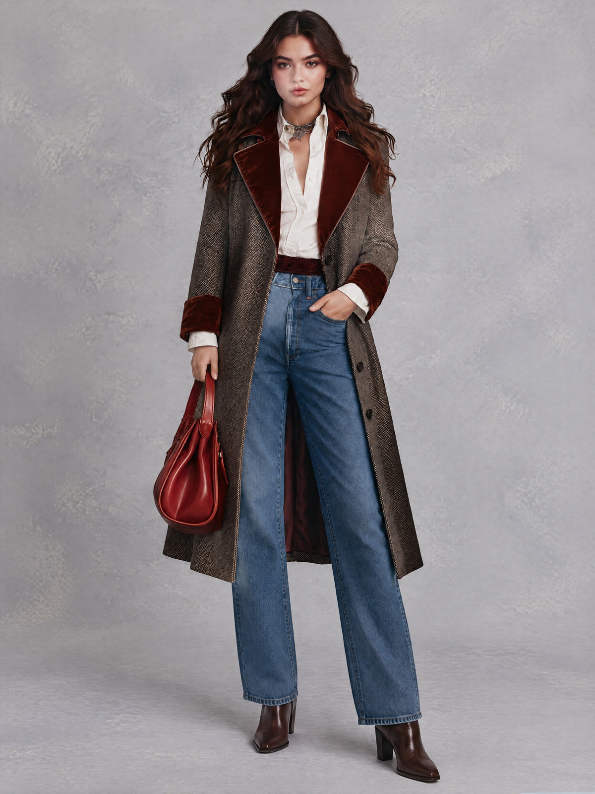 Vintage Brown Herringbone Long Coat With Rust Velvet Lapels And Cuffs