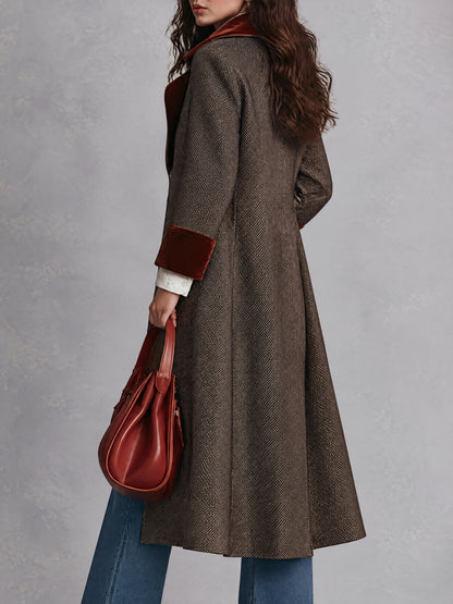 Vintage Brown Herringbone Long Coat With Rust Velvet Lapels And Cuffs