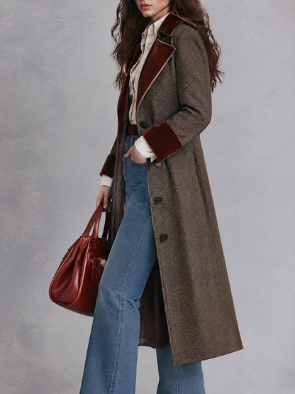 Vintage Brown Herringbone Long Coat With Rust Velvet Lapels And Cuffs