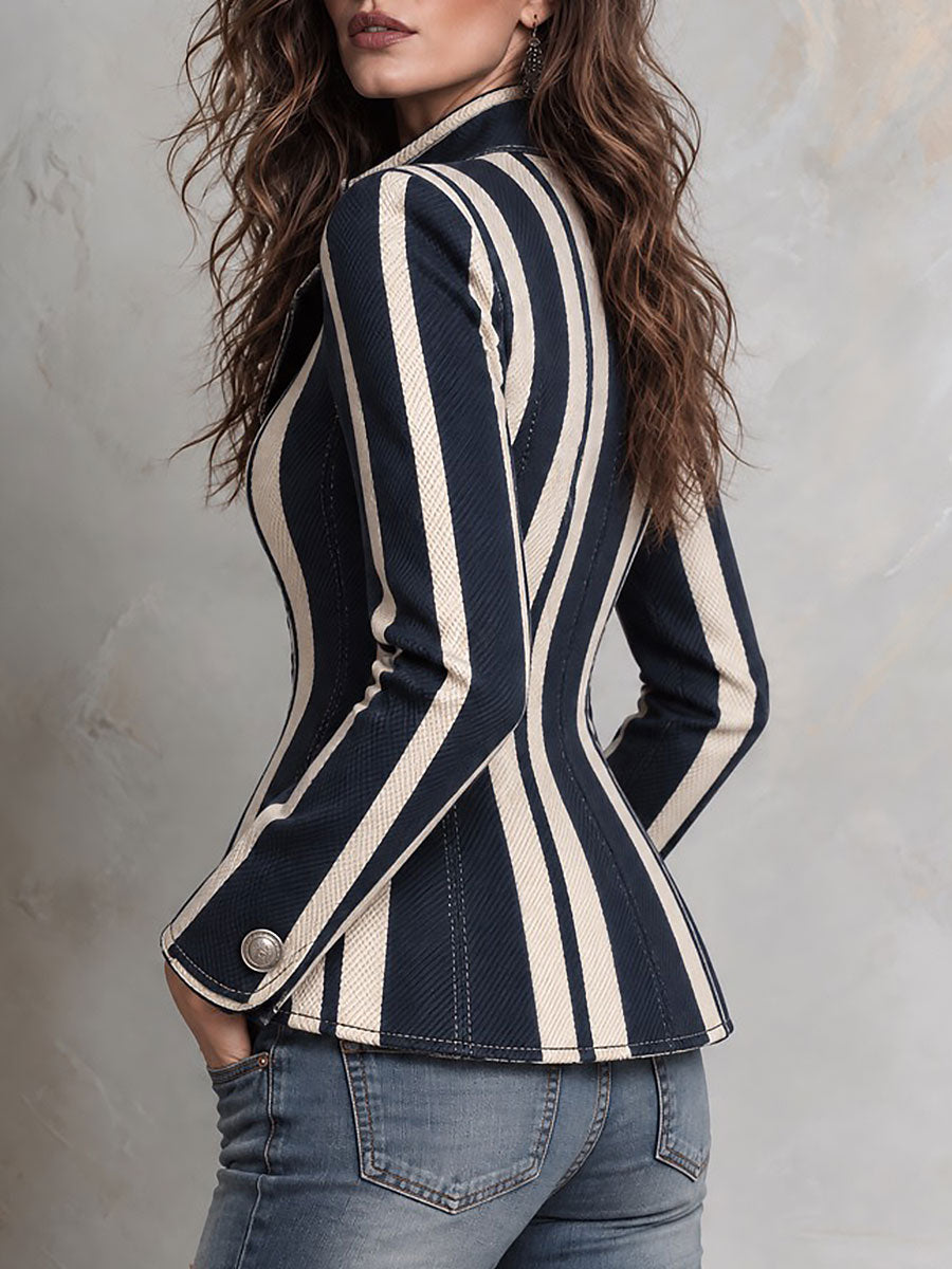 Navy & Cream Striped Stand Collar Fitted Jacket with Silver Buttons