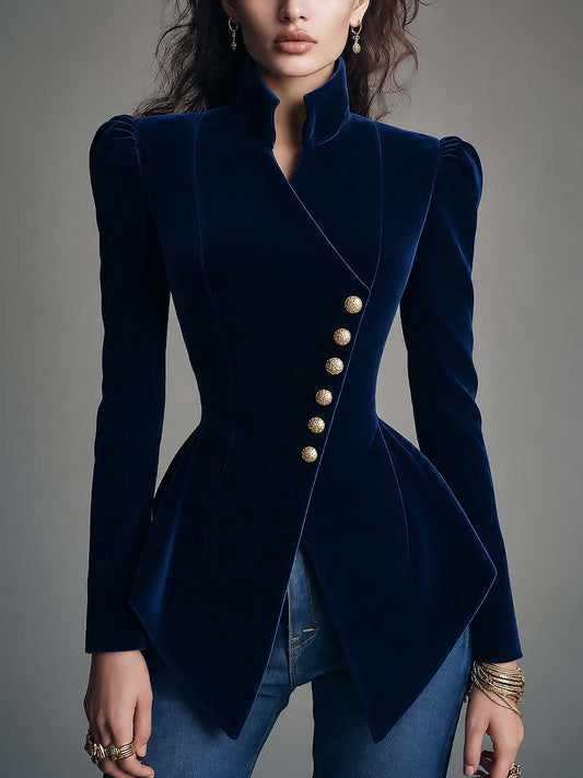 Vintage Navy Velvet Stand-Collar Gold Buttons Jacket With Peplum Hem