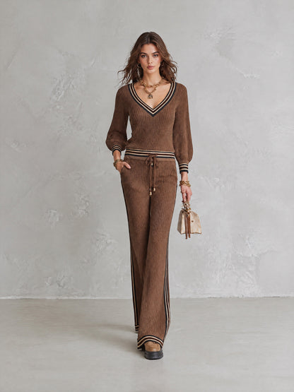 Striped Trim V-Neck Sweater And Wide-Leg Drawstring Pants Knit Two-Piece Set