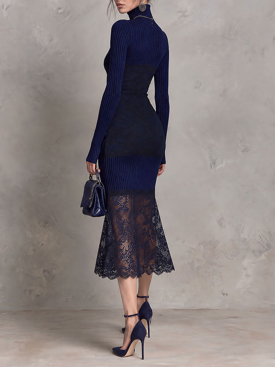Navy Ribbed Knit Sheer Scalloped Lace Hem Turtleneck Midi Dress