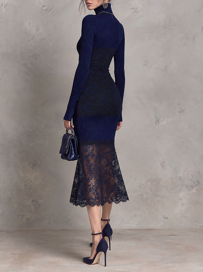 Navy Ribbed Knit Sheer Scalloped Lace Hem Turtleneck Midi Dress