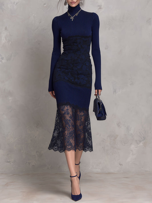 Navy Ribbed Knit Sheer Scalloped Lace Hem Turtleneck Midi Dress