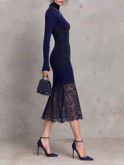 Navy Ribbed Knit Sheer Scalloped Lace Hem Turtleneck Midi Dress