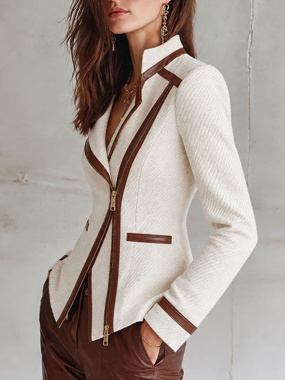 Cream Textured Asymmetric Zip Jacket with Brown Faux-Leather Trim