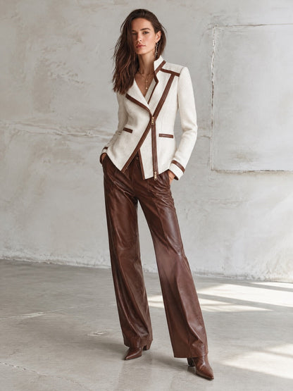 Cream Textured Asymmetric Zip Jacket with Brown Faux-Leather Trim