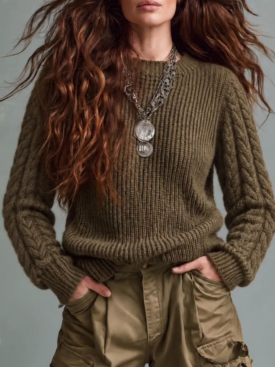 Retro Olive Green Cable Knit Crew Neck Pullover Sweater