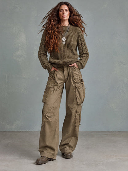 Retro Olive Green Cable Knit Crew Neck Pullover Sweater